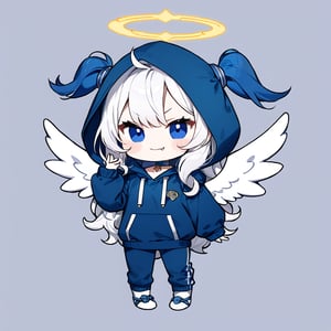(chibi:1.3), masterpiece, made by a master, 4k, perfect anatomy, perfect details, best quality, high quality, lots of detail.
(solo),1girl, ((angel)), ((white hair)), (long hair:1.3), (two side up), blue eyes,  (curly hair:1.2), (wavy hair), (hair curls), (bangs), (two side up), two ((blue)) hair ties on head, (Double golden halo on her head), choker, ((angel wings)), ahoge, fang, (Blue long sleeve hooded top), ((hood up)), ((put on hood)), Blue pants, white socks, single, slightly angry, (evil smile), (one hand raised), (full body) ,Emote Chibi. cute comic,simple background, flat color, Cute girl,dal,Chibi Style,lineart,