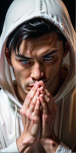 Imagine the following scene:

A realistic photograph of a beautiful man. 

Black background.
 
The man wears a white linen hooded sweatshirt, pulled over his head.

The man is from Korea. 30yo, muscular, light blue eyes, big bright eyes.  black hair, hair with long bangs that falls over his face, covering one eye, medium length. Full and pink lips. Pale skin.

Head bowed down, hands in front in prayer position.

 (photorealistic), masterpiece: 1.5, beautiful lighting, best quality, beautiful lighting, realistic and natural image, intricate details, everything in focus, perfect focus, photography, masterpiece, small nuances, Supreme resolution, 32K, ultra-sharp quality and details . Superior, realistic and complex