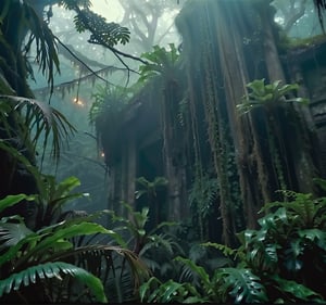 (highly detailed close photography), cinematic colors, texture, film grain, (gloomy humid jungle:1.2), plants looking damp (humid:0.7),large monstrous spider nesting in the tree top, foggy air, intricate, scary atmosphere, dark vibes, hyper detailed, vibrant colours, epic composition, official art, unity 8k wallpaper, ultra detailed, beautiful and aesthetic, masterpiece, best 