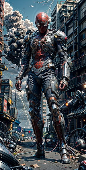  a super high-detailed and realistic image of a cyberpunk-style knight in a silver-blue Spider-Man-inspired body armor with a glowing lightning charge:

"Generate an extraordinary and highly detailed image of a cyberpunk-style knight donning a state-of-the-art silver-blue body armor that draws inspiration from Spider-Man, yet takes it to a new level of high-tech brilliance. This knightly body armor emits a mesmerizing glow, with lightning charges coursing through its surface, showcasing its incredible technological sophistication.

The knight's powerful physique is accentuated by the hi-tech armor, and his body suit incorporates an array of advanced tools and gadgets, all seamlessly integrated. He wears a Hi-Tech helmet, both concealing his identity and offering crucial data through its heads-up display.

In this stunning image, the knight is adorned in the full glory of his Hi-Tech lightning charge magical armor, a perfect blend of technology and mystic power. The background should portray a knightly setting, heightening the sense of grandeur and heroism.

With a heroic and dynamic pose, this image should encapsulate the knight's unwavering courage and determination. Every detail, from the intricate spider-like designs on the armor to the crackling energy of the lightning charge, should be meticulously rendered, creating a 4K HDR super high-quality masterpiece that immerses viewers in the thrilling world of this cyberpunk knight." ((Photographic cinematic super high detailed super realistic warrior spider knight image)), ((4k HDR super high quality image)), ((masterpiece)), (((full body))),