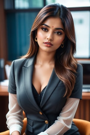 22 year woman,  hot,  sexy,  indian,  model,  Instagram model,  influencer,  model face,  sharp jawline,  perfect lips,  cute looking,  catty eyes,  best quality,  masterpiece,  beautiful and aesthetic,  16K,  (HDR:1.4),  high contrast,  bokeh:1.2,  lens flare,  (vibrant color:1.4),  ,  black eyes,  Exquisite details and textures,  cinematic shot,  Warm tone,  (Bright and intense:1.2),  wide shot, ultra realistic illustration, ,  realistic style, Full length view, top to bottom view,  Straight brown hair with blunt bang, office secretary outside, sitting on a chair in office view, office background view, , a beautiful indian girl,  (white skin), white skin tone,  icy eyeshadow, breast size 35,  Weast size 30, butts size 35 femme fatale,