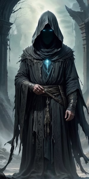 Generate hyper realistic image of a foreboding oracle, shrouded in tattered robes, its face hidden beneath a hood. The oracle's eyes should radiate an ominous glow, and its outstretched hands should be surrounded by ethereal visions of impending doom. Illustrate a desolate landscape where the whispers of despair come to life.