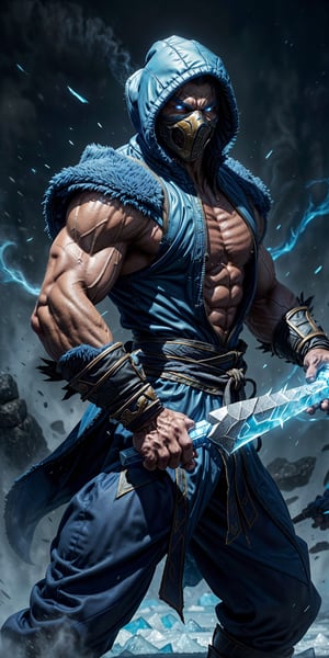 Sub-Zero, a Mortal Kombat game character, with specific elements:

"(Mortal Kombat game character) - Sub-Zero, with his striking, glowing blue eyes and a fearsome, muscular physique. He possesses formidable ice magic powers, and his abilities are deadly. Create a 4K Ultra HDR high-quality image that perfectly captures his menacing appearance.

Place Sub-Zero against a backdrop that combines both fire flames and ice, symbolizing the contrast of his icy powers and the fiery danger he represents. He should be depicted holding a glowing blue ice dagger while wearing his iconic blue hooded outfit.

The image should be a masterpiece that showcases the fusion of his cold, calculated nature and the fiery intensity of battle, creating a stunning visual representation of this iconic character."