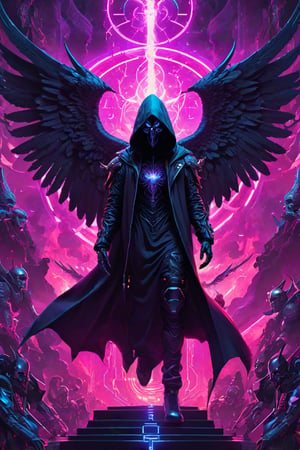 Hypermaximalist, digital illustration, digital surrealism, storybook art, complex, inspired by angelcore_aesthetic, a person in a hoodie with wings, front page of art station, electronic hardcore music, angels and demons, official artwork, death and robots, end of times, youtube thumbnail, synthwave image, the god hades, in style of brad rigney, algorithm, god is a girl