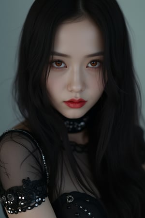 (masterpiece, best quality, photorealistic, high resolution, 8K raw photo, artstation) Half-body shot, white skin, Asian Girl, [Lisa Blackpink: Jisoo Blackpink:0.5], red eyes, elegant, thoughtful, reddish yellow lips, gothic, emo, dark, rock clothing, ((loose hair, black with white color)), good quality, cyberpunk, gothicม ทนืหะำพ