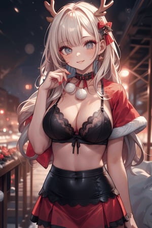 (((best quality,masterpiece))),(a beautiful girl,Santa Claus lingerie,skirt,Big breasts,black lingerie),(snowflakes ,Snow cover,night,reindeer,Christmas tree),Focus the upper body,midjourney,female_solo,1 girl,glitter