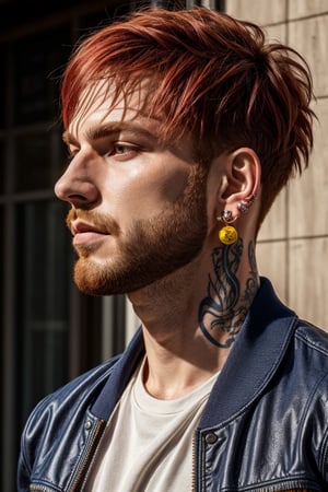 Best quality, masterpiece, 1boy, red hair, short hair, yellow eyes, spiky hair, tattoos, black pants, upper body, ear piercings, blue and white bomber jacket, profile picture, photorealistic