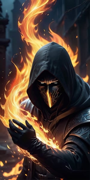 Generate hyper realistic image of an intense scene featuring a lone figure with a male focus. Clad in black gloves, a hood, and a mysterious mask, the character's upper body is veiled in shadows. As the hood is drawn up, flames dance around, casting an eerie glow. The character exudes an air of mystique, embodying a fire guardian in a realm of burning embers.