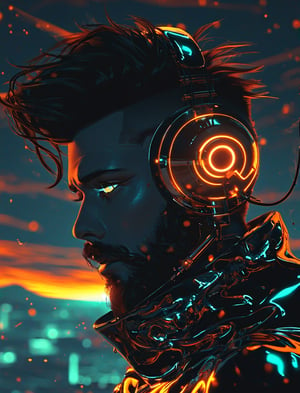 Vaporwave, 2d anime art illustratuon, moxin, ink splatters and bold brush lines, dark silhouette of a bearded alien cyborg with headphones in a pitch black void, looking at the viewer, orange rim lighting gradually changing into red room lighting, eyes glowing with cold blue light, rising smoke, fever dream, chrome skin, volumetric lighting, subsurface scattering, godrays, frosted particles