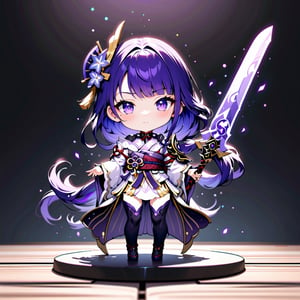 (masterpiece, best quality, absurdres, foreshortening), photo of a highly detailed, (full body:1.2), cute face ,
chibi, (beautiful detailed face), (beautiful detailed eyes),

(solo), raiden shogun, purple hair, long hair, standing with purple japanese clothes, holding a long sword in hand, rendered in blender, 