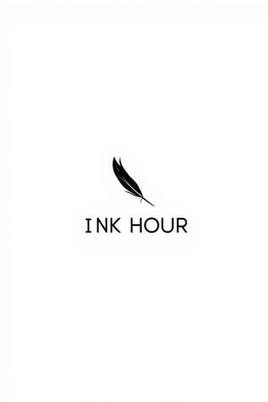 A minimalist vector illustration of a black feather-like pen writing I N K H O U R on a plain white background. The pen's feather tip is stylized with bold lines and crisp edges, while the text I N K H O U R is in a clean, sans-serif font. The composition is centered, with even lighting, creating a visually striking combination of black and white.