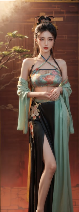 A 23-year-old Taiwanese beauty supermodel, cool and solo, with big natural breasts and long black hair, posing in a fashion model pose. Staring into the camera, the background is a soft Chinese color painting.