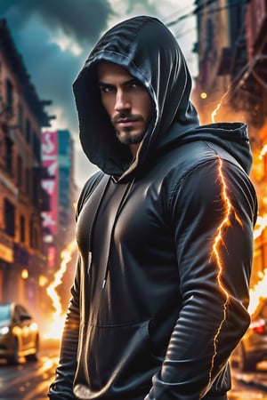 masterpiece, best quality, 8k, photo of a hooded man, fiery background, obscured face, detailed photorealistic, highly detailed, blurry photo, intricate, incredibly detailed, super detailed, detailed texture, crazy detail, clothing, in an apocalyptic city of lightning 