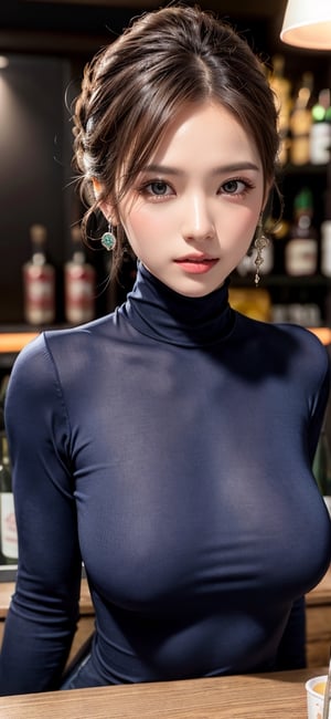 #McBane: photo of extremely sexy italian woman, a sexy student, closeup portrait upsweep updo, (red tight long sleeve turtleneck top), at a  bar, masterpiece, photorealistic, best quality, detailed skin, intricate, 8k, HDR, cinematic lighting, sharp focus, eyeliner, painted lips, earrings, extremely sexy seductive blue eyes, perfect