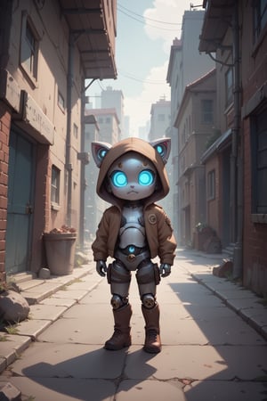 score_9, score_8_up, score_7_up, score_6_up, rating_safe, chibi, small robot cat, silver skin, gears in ijoints, urban alley, post apocalyptic