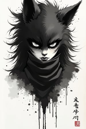 Anthropomorphic Female ,solo, rendered in sumi-e style, fierce eyes glaring intensely at viewer, face partially wrapped in tattered cloth. Bold, expressive brush strokes capturing fur texture and facial features. Dripping ink creating sense of gritty atmosphere. Minimalist background with ink splatters. Blend of traditional Japanese ink painting and dark urban aesthetic. Powerful contrast between black ink and white paper. Emanating aura of strength and defiance,ink