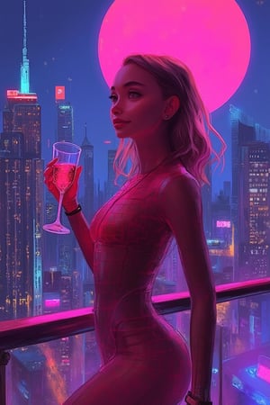 hntdlnwrk style, aesthetic, mad-vprwv cyberpunk woman, crowded rooftop party on skyscraper,magenta moon, dress, neon, grid on clothes, holding a drinking sparkling wine, light smile, transparent bodysuit mesh, vaporwave.

art, colored pencil, sketch, painting, paper texture,art_solyanka,SKP-highly detailed,SamYoung_Illustration