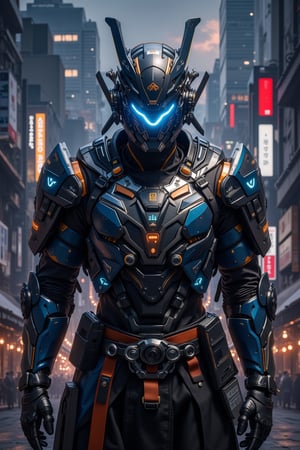 Digital illustration depicting a futuristic samurai warrior in sophisticated cybernetically enhanced armor. The samurai's face is hidden inside an advanced holographic helmet, 
Samurai armor combines traditional Japanese design elements, such as decorative shoulder guards and sashes, with advanced cybernetic enhancements such as articulated joints, glowing circuitry, and metallic luster. A dimly lit futuristic cityscape background filled with towering skyscrapers and neon-tinged clouds,,cyberhelmet,real robot