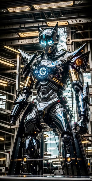 Realistic, (masterpiece1.2), (Ultra HDR quality), high detailed body,  black panther suit iron man style knight Armour, glowing hitech armour, Hi-Tech web shooter, hitech weapon, deadly look, iceland, boxing stand on ice field, holding thunder gold sword and shield, glowing lightning yellow sword and shield, shining sword and shield, mecha, ezio_soul3142, mask, ,mecha musume ((Hi-Tech Super car background)),perfecteyes