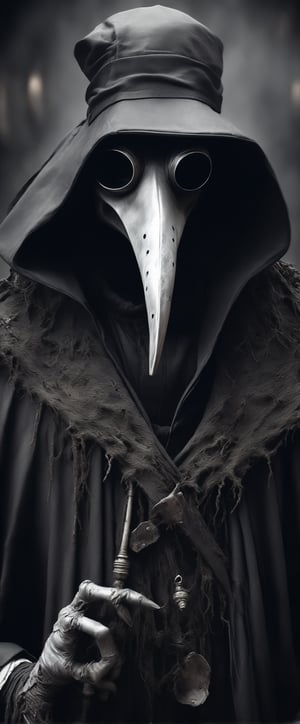 Modern art style on the theme of  the plague doctor,  in the style of Stefan Gesell, black and white ratio, victorian male plague doctor, sinister mask, intricate clothes, evil look, fantasy horror art, photorealistic dark concept art, in style of dark fantasy art, detailed 4k horror artwork