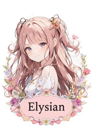 Logo Badge. Create a cute and eye-catching logo that highlights a smiling girl with long hair wearing a ribbon. The symbol should convey a sense of music and rhythm. Surround the design with a cute pink frame to create a sophisticated feel. Include the text "Elysian" below or around the girl in a cute and stylish font that blends with the overall theme. The color palette emphasizes pastel colors, with contrasting colors to increase the visual impact of the logo.,acryli painting,Anime style,Made of adrr-zllj