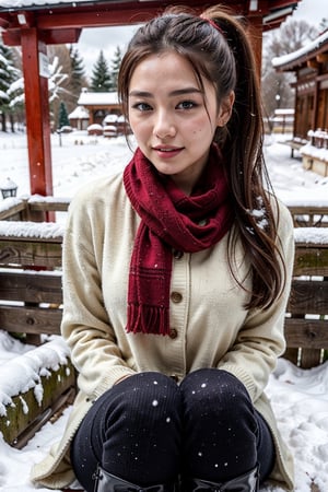 (Best quality, 8k, 32k, Masterpiece, UHD:1.2),Photo of Pretty Japanese woman, stunning, 1girl, (medium dark brown ponytail), double eyelid, natural medium-large breasts, slender legs, tall body, soft curves, white coat, knit dress shirt, checkered skirt, red scarf, snow heeled boot, sitting on stairs on shrine, snowy shrine, heavy snow on shrine, fashion model posing, unforgettable beauty, look at viewer, sexy smile, closed to up, lifelike rendering, detailed facial features, detailed real skin texture, detailed details 