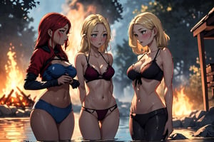 (masterpiece,best quality),High detailed,three female adventurers, warming their wet bodies by the bonfire,wearing only underwear,  their wet clothes hung on a rope to dry, blonde,redhead,brunette, perfect female bodies, their equipment is strewn around the camp, fantasy,Detail,Sylpha