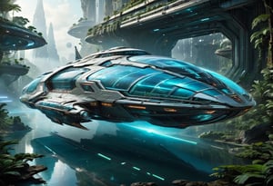 A photorealistic gigantic Alien Mothership, a testament to cutting-edge engineering, emerges from the cosmic void, above a lush and vibrant jungle river, an architectural masterpiece of design immersed in a fearful look, palette. Its exterior, crafted from advanced, interlocking alloys, exudes an aura of sophisticated functionality. Subtle bioluminescent accents and holographic interfaces trace intricate patterns across its surface, casting a calming, ever-shifting cerulean glow. The spacecraft's sleek long silhouette and meticulously engineered components evoke a sense of precision and technological marvel, while its panoramic windows offer awe-inspiring views of the celestial abyss beyond. The colossal thrusters, encased in protective shielding, propel it forward with graceful authority, ready to navigate the complexities of interstellar travel at a moment's notice. This space engineer's creation is not just a vessel; it's a testament to a future where engineering and exploration merge seamlessly in the boundless expanse of the cosmos, a vessel poised to unlock the mysteries of the universe.