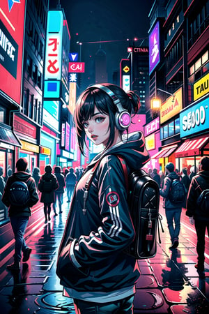 Dreampolis, hyper-detailed digital illustration, cyberpunk, single girl with techsuite hoodie and headphones in the street, neon lights, lighting bar, city, cyberpunk city, film still, backpack, in megapolis, pro-lighting, high-res, masterpiece,asina man