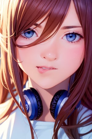 ((masterpiece, 8k, RAW, ultra realistic)), dynamic view, dutch angle, miku nakano, nakano_miku_ecsta, biting lip, having breakfast before school, long hair, bangs, blue eyes, brown hair, shirt, hair between eyes, headphones,  (BLUE CARDIGAN), white shirt, (GREEN SKIRT), (black pantyhose), headphones around neck,
,MIKU NAKANO,nakano_miku_ecsta,masterpiece,realistic,best quality