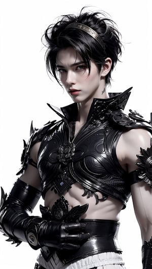 anime style, handsome martial artist male, short spiky hair, very tall, martial arts headband, dnd monk, angry face yelling, wearing open shirt. fit body six pack, wearing iron gauntlets, monochrome, white background, monochrome, white background,nestskyo