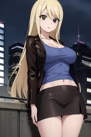 Lucy Heartfilia, (brown eyes:1.5), blonde hair, best quality, high resolution, unity 8k wallpaper, (illustration:0.8), (beautiful detailed eyes:1.6), extremely detailed face, perfect lighting, extremely detailed CG, (perfect hands, perfect anatomy), only one person, busty, leather jacket, t-shirt with neckline, city, buildings background, night, dark blue t-shirt, black jacket, black skirt

