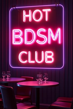 An advertising sign for a strip club with neon letters,  with pink an purple color, 50s  legs The sign says"Hot BDSM Club" 