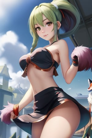 tingyun_fox tail_animal ears_ponytail_brown hair, 1girl, solo, breasts, looking at viewer, smile, bangs, large breasts, brown hair, black hair, dress, animal ears, cleavage, hair between eyes, bare shoulders, jewelry, sitting, closed mouth, green eyes, tail, ponytail, thighs, red hair, multicolored hair, barefoot, indoors, black dress, bracelet, fox ears, bare legs, gradient hair, fox tail, east asian architecture