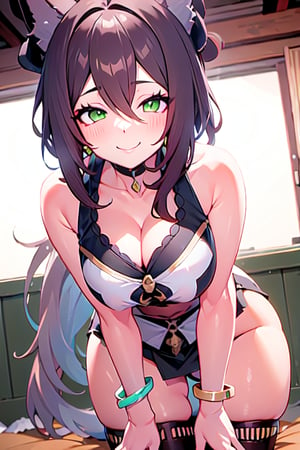 tingyun_fox tail_animal ears_ponytail_brown hair, 1girl, solo, breasts, looking at viewer, smile, bangs, large breasts, brown hair, black hair, dress, animal ears, cleavage, hair between eyes, bare shoulders, jewelry, sitting, closed mouth, green eyes, tail, ponytail, thighs, red hair, multicolored hair, barefoot, indoors, black dress, bracelet, fox ears, bare legs, gradient hair, fox tail, east asian architecture