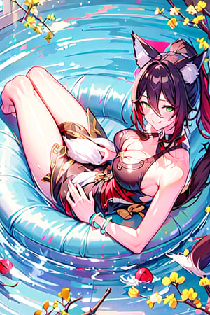 tingyun_fox tail_animal ears_ponytail_brown hair, 1girl, solo, breasts, looking at viewer, smile, bangs, large breasts, brown hair, black hair, dress, animal ears, cleavage, hair between eyes, bare shoulders, jewelry, sitting, closed mouth, green eyes, tail, ponytail, thighs, red hair, multicolored hair, barefoot, indoors, black dress, bracelet, fox ears, bare legs, gradient hair, fox tail, east asian architecture