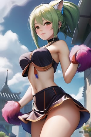 tingyun_fox tail_animal ears_ponytail_brown hair, 1girl, solo, breasts, looking at viewer, smile, bangs, large breasts, brown hair, black hair, dress, animal ears, cleavage, hair between eyes, bare shoulders, jewelry, sitting, closed mouth, green eyes, tail, ponytail, thighs, red hair, multicolored hair, barefoot, indoors, black dress, bracelet, fox ears, bare legs, gradient hair, fox tail, east asian architecture