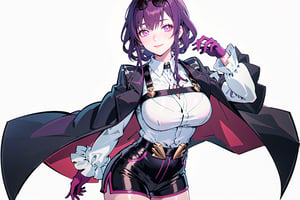  kafka(hsr), collared shirt, cowboy shot, simple background, shorts, sunglasses, eyewear on head, solo, pantyhose, black shorts, coat, long sleeves, 1girl, white background, closed mouth, long hair, looking at viewer, gloves, large breasts, shirt, white shirt, smile, purple eyes , purple hair