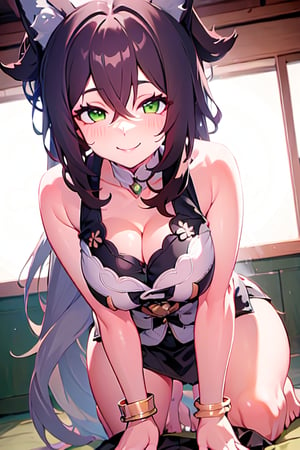 tingyun_fox tail_animal ears_ponytail_brown hair, 1girl, solo, breasts, looking at viewer, smile, bangs, large breasts, brown hair, black hair, dress, animal ears, cleavage, hair between eyes, bare shoulders, jewelry, sitting, closed mouth, green eyes, tail, ponytail, thighs, red hair, multicolored hair, barefoot, indoors, black dress, bracelet, fox ears, bare legs, gradient hair, fox tail, east asian architecture