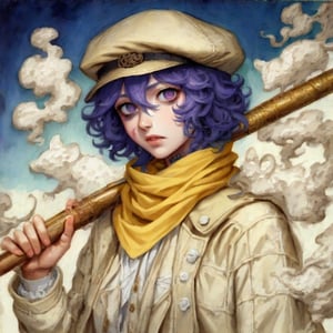 score_9, score_8_up, score_7_up, BREAK source_anime, oil painting, traditional media, realistic, solo, 1girl, clothed, outdoors, grease, poor worker, mechanic, Adult woman, medium_breast, tired expression, bags under eyes, curly long grey_hair, hair betwen eyes, playing a flute, purple_eyes, black smoke, baggy sleeves, shoulder cloak, fingerless gloves, victorian, ((white eyed black smoke rats made of soot and black smoke)), pants, big intricate metal flute, steaming, (flute with holes and buttons), baker's cap hat, pied_piper, multi_coloured yellow and brown outfit, hypnotic gaze, realistic face, grime and dirt on clothes and face, dynamic flute playing pose, upper_body shot, yellow scarf, blowing lips, dark lighting, stormy dark clouds, polution, oiled_skin, dutch angle from above, , looking at viewer, drawn by genshin_impact, official_art,Anime ,oil painting, realistic
