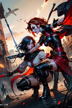 the boy with red hair and orange eyes. the girl with  black hair and red eye.
with sword.
8k wallpaper, best quality, masterpiece,(finely detailed fight), cinematic lighting,extremely detailed