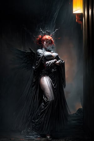 (front view:1. 2) of a graceful female angel, large white wings folded down, sad, intricate white dress, walk on decrepit street, destroyed buildings, dark sky, active fires in background, volumetric fog, subsurface scattering, ambient occlusion, post apocalyptic, ruins of war, fire, smoke, (bokeh:1. 4), masterpiece, female goddess, scar face, a heavenly emperor with fiery skin and clothing, fiery hair, with a fiery and steamy highly detailed fiery battlefield in the background, sci-fi, flickering halogen lamps, muted dark colors, high dynamic range, aggressive pose, full body, perfect face, detailed face, perfect body, dragon tattoos, scars, smudge, blood stained skin, complex details, highly detailed body, highly detailed skin, highly detailed face, reflective textures, steamy skin, dripping blood, The fiery goddess film franchise, photorealistic, masterpiece, hyperrealism, analog style, 8K UHD, RAW, octan render, concept art, professionally color graded, muted LUT, HR Giger, Hans Ruedi Giger, by Aaron Horkey and Jeremy Mann, 