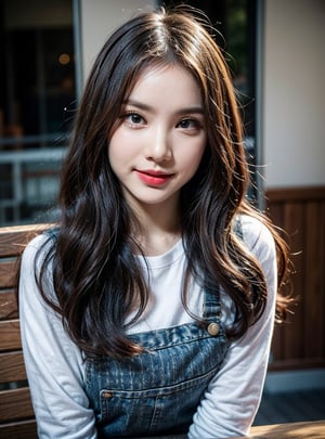 photorealistic, raw photo:1.2, hyperrealism, ultra high res, Best quality, masterpiece, 8k, realistic light, delicate facial features, 

A 18-year-old Korean girl,

Background
The background features a neutral indoor setting.
There is a door visible on the left side, indicating a room.
A blue chair is partially visible in the background, adding a pop of color.
The overall background is simple and uncluttered, which helps keep the focus on the subject.
Lighting
The lighting is soft and even, illuminating the face and body without harsh shadows.
It appears to be natural or diffused light, creating a flattering effect.
The light source is likely positioned in front of the subject, ensuring the face is well-lit.
Subject
The person in the photo has long, straight hair that falls naturally around the shoulders.
The hair is dark and shiny, framing the face nicely.
The individual has bangs that are neatly trimmed and slightly parted in the middle.
Facial Expression
The person is displaying a slight smile, which is subtle and charming.
The eyes are softly sparkling, giving a warm and gentle look.
The lips are slightly upturned, enhancing the friendly and approachable expression.
Overall, the facial expression conveys a sense of cuteness and friendliness.
Atmosphere
The atmosphere of the photo is bright and positive.
The expression and lighting create a cheerful and welcoming mood.
There is a playful and informal vibe, enhanced by the subject's pose.
Pose
The subject is tilting their head slightly to one side, which adds a playful touch.
The right hand is raised above the head, forming a V shape with the fingers.
This gesture contributes to the playful and informal feel of the photo.
The posture is relaxed, with the person looking directly at the camera, engaging the viewer.
Clothing
The person is wearing a black long-sleeve t-shirt.
The t-shirt features white lettering on the front, which appears to read "The Photographer" (partially obscured by hair).
The fit of the t-shirt is slim, closely hugging the body, emphasizing a sleek silhouette.
The material of the t-shirt seems to be of high quality, likely cotton or a cotton blend, with a slight sheen.
The neckline is a classic crew neck, sitting comfortably around the neck.
The overall style of the t-shirt is casual yet stylish, suitable for everyday wear.
Summary
In this photo, the subject is well-lit with soft, even lighting that highlights their friendly and approachable expression. The background is simple and uncluttered, allowing the focus to remain on the subject. The playful pose, characterized by a slight head tilt and a V-shaped hand gesture, enhances the cheerful and welcoming atmosphere. The black long-sleeve t-shirt with white lettering is stylish and well-fitted, contributing to the overall casual yet chic appearance of the individual.