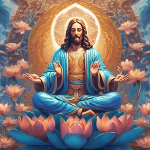 digital masterpiece illustration concept art of porcelain statue of Jesus Christ in lotus position and a blessing hand pose,cross background, varasana, lotus, padmasana, extremely detailed and intricate complexity, epic composition, magical atmosphere, cinematic lighting, wide long shot, trending on artstation, 8 k 