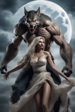 Realistic photo of an angry werewolf, strong paws with claws,  protruding fangs, thick clouds in the background and a huge moon breaking through, holding dead women with tattered clothes beautiful faces and huge breast