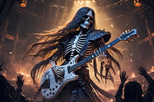 it's a skeleton with long hair guitarist of an extreme heavy metal band, he's on the stage, playing the warlock shaped guitar, there are flares all around him and you can see the arms and heads of the fans in the arena, it's all crazy. Translucent broken skull,white sharp teeth ,eternity in eye socket ,(intricate detail), (super detailed), 8k hdr, high detailed, soft cinematic lighting, dramatic atmosphere, atmospheric perspective,torch lighting,ray tracing,starry universe background, the pain of a relationship that has ended, but despite this, feelings of love and attachment still persist, difficulty in letting go of someone you still love, even when the relationship seems to have come to an end, despite difficulties and separation, feelings of love have not diminished, emotions, from sadness and pain to hope and nostalgia,dark academia,night_view_background