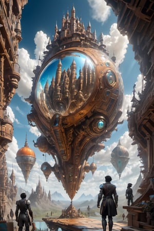 A lone explorer at a convergence point between dimensions.
Multiple dimensions depicted with unique colors and landscapes.
A futuristic world with gleaming skyscrapers and flying vehicles.
A medieval landscape with imposing castles and armored knights.
A lush natural world inhabited by fantastic creatures.
A dimensional mirror at the center, reflecting the different dimensions.
Expression on the explorer's face: a mix of awe, curiosity, and a hint of apprehension.
Beams of colored light piercing through the mirror, illuminating the explorer.
Rifts in the sky, revealing glimpses of other dimensions.
Clouds taking on unusual shapes and blended colors along the horizon.
Conveying a sense of bold exploration and wonder in the face of the unknown.
Conveying the concept of infinite possibilities and alternative realities.

Visual Contrast: Utilize contrasting colors to highlight the difference between dimensions and create a visual impact.
Intricate Detail: Add intricate details to the landscapes of each dimension for immersive effect.
Vivid Textures: Incorporate realistic textures to objects and landscapes for depth and authenticity.
Striking Lighting: Play with lighting to emphasize specific areas and establish a mysterious atmosphere.
Foreground Details: Introduce foreground objects that seem to "come out" of the image for depth and engagement.
Compelling Character: Give the explorer an intriguing and charismatic appearance to convey emotions and tell a story.
Creative Visual Effects: Experiment with visual effects, such as subtle distortion around the dimensional mirror or blurring of dimensions at the image edges.
Unusual Perspective: Play with perspective by placing elements at unusual angles for dynamism and energy.
Familiar and Strange Elements: Combine familiar with strange and fantastical elements to evoke wonder and surprise.
Meaningful Small Details: Include small yet meaningful details in the image to intrigue viewers and spark imagination,Movie Still,greg rutkowski,HZ Steampunk,steampunk style,Film Still , style of (albert robida:1.6)