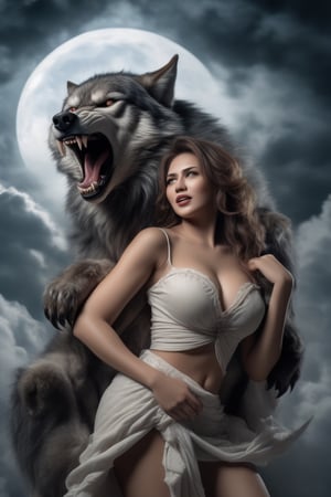 Realistic photo of an angry werewolf, strong paws with claws,  protruding fangs, thick clouds in the background and a huge moon breaking through, holding a women with tattered clothes beautiful faces and huge breast