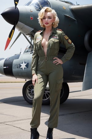 Vintage watercolor of beautiful woman with blonde hair and blue eyes very similar to Marilyn Monroe in a pin-up style military green aviator jumpsuit, in front of a war plane. Full body image of a woman.