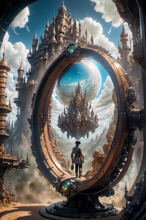 A lone explorer at a convergence point between dimensions.
Multiple dimensions depicted with unique colors and landscapes.
A futuristic world with gleaming skyscrapers and flying vehicles.
A medieval landscape with imposing castles and armored knights.
A lush natural world inhabited by fantastic creatures.
A dimensional mirror at the center, reflecting the different dimensions.
Expression on the explorer's face: a mix of awe, curiosity, and a hint of apprehension.
Beams of colored light piercing through the mirror, illuminating the explorer.
Rifts in the sky, revealing glimpses of other dimensions.
Clouds taking on unusual shapes and blended colors along the horizon.
Conveying a sense of bold exploration and wonder in the face of the unknown.
Conveying the concept of infinite possibilities and alternative realities.

Visual Contrast: Utilize contrasting colors to highlight the difference between dimensions and create a visual impact.
Intricate Detail: Add intricate details to the landscapes of each dimension for immersive effect.
Vivid Textures: Incorporate realistic textures to objects and landscapes for depth and authenticity.
Striking Lighting: Play with lighting to emphasize specific areas and establish a mysterious atmosphere.
Foreground Details: Introduce foreground objects that seem to "come out" of the image for depth and engagement.
Compelling Character: Give the explorer an intriguing and charismatic appearance to convey emotions and tell a story.
Creative Visual Effects: Experiment with visual effects, such as subtle distortion around the dimensional mirror or blurring of dimensions at the image edges.
Unusual Perspective: Play with perspective by placing elements at unusual angles for dynamism and energy.
Familiar and Strange Elements: Combine familiar with strange and fantastical elements to evoke wonder and surprise.
Meaningful Small Details: Include small yet meaningful details in the image to intrigue viewers and spark imagination,Movie Still,greg rutkowski,HZ Steampunk,steampunk style,Film Still , style of (albert robida:1.6)